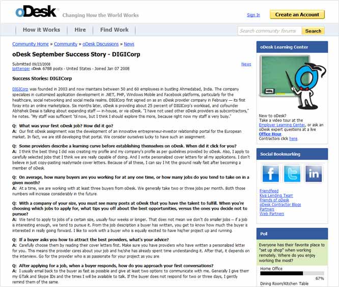 Digicorp featured in ODesk Newsletter entitled ‘A success story’.